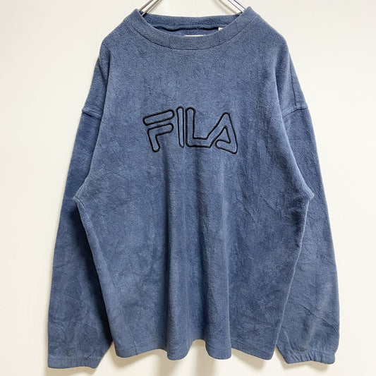 古着 used　FILA　フィラ　長袖クルーネックロゴ刺繍フリース　水色　ライトブルー　秋冬服　レトロ　Lサイズ