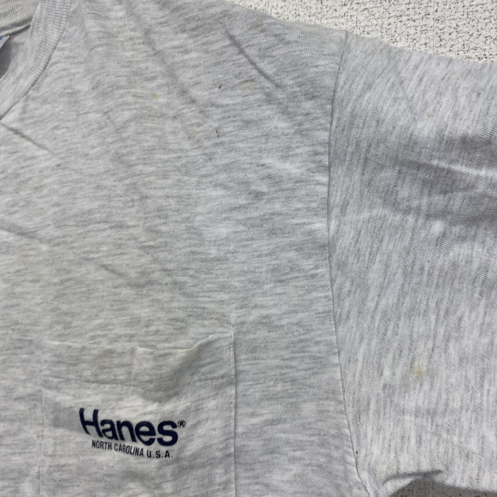 ～90s　Hanes　ヘインズ　半袖プリントTシャツ　シングルステッチ　ヴィンテージ　霜降りグレー　Mサイズ　古着