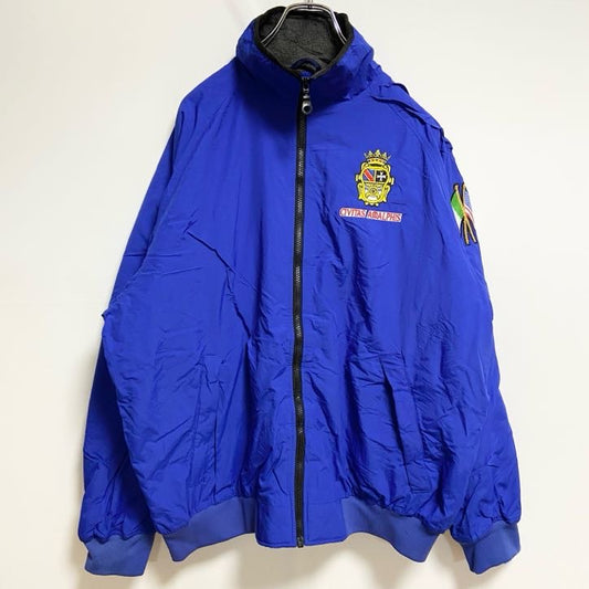 古着 used　DEVON&JONES　長袖ハイネックブルゾン　ワンポイント刺繍ジャケット　アメリカ　フランス　国旗　青　Lサイズ