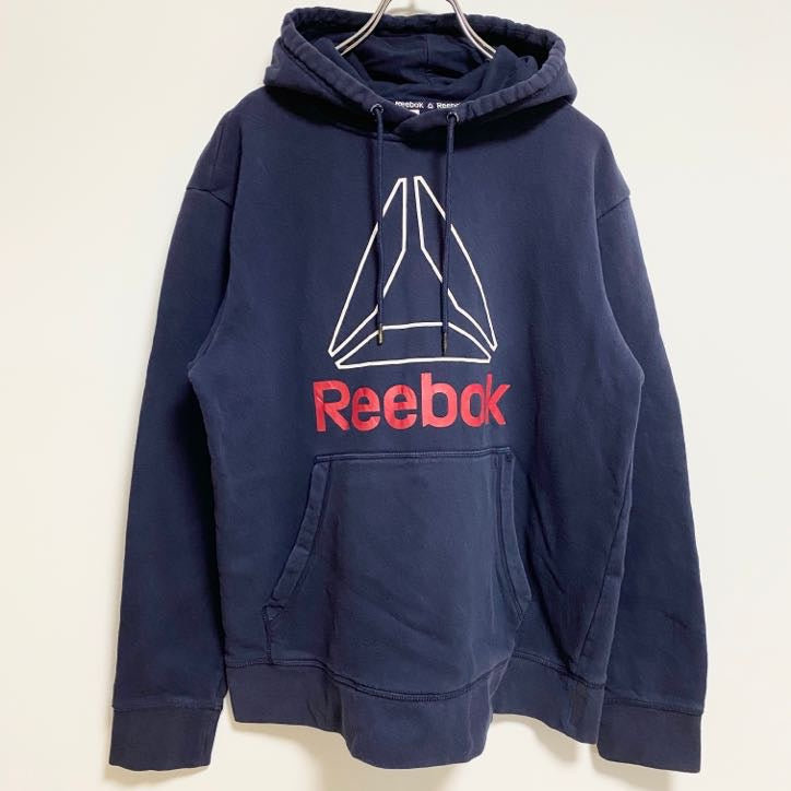 古着 used　Reebok リーボック　長袖ロゴプリントパーカー　スウェット　プルオーバー　ネイビー　紺　Mサイズ