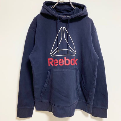 古着 used　Reebok リーボック　長袖ロゴプリントパーカー　スウェット　プルオーバー　ネイビー　紺　Mサイズ