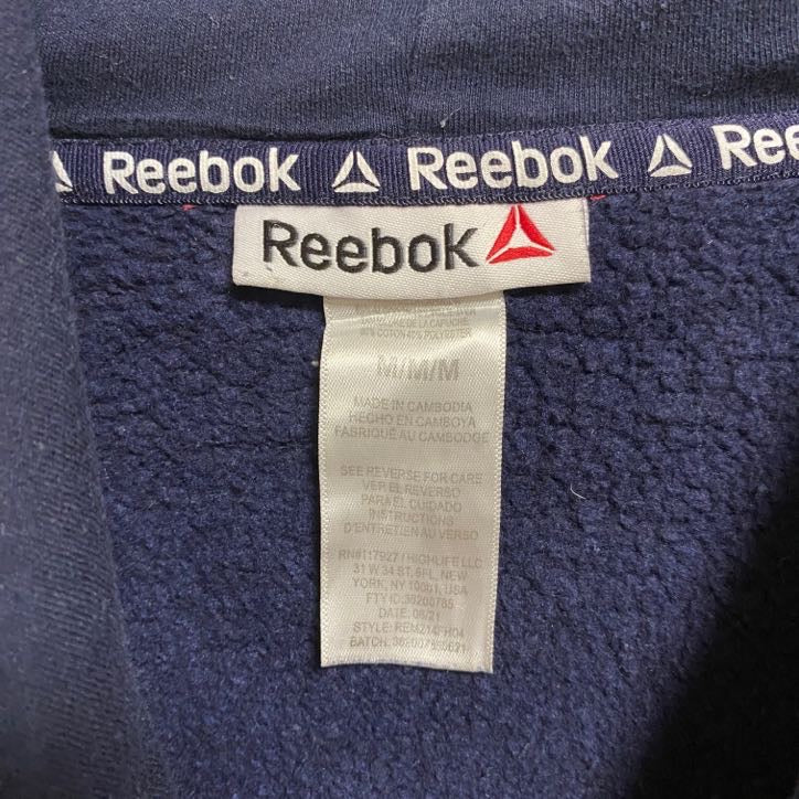 古着 used　Reebok リーボック　長袖ロゴプリントパーカー　スウェット　プルオーバー　ネイビー　紺　Mサイズ