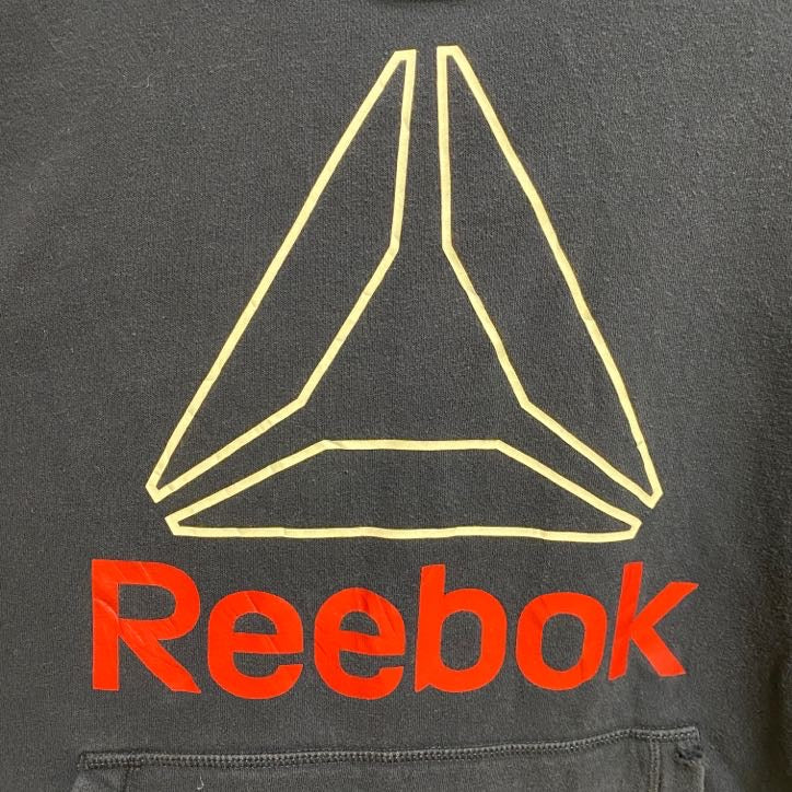 古着 used　Reebok リーボック　長袖ロゴプリントパーカー　スウェット　プルオーバー　ネイビー　紺　Mサイズ