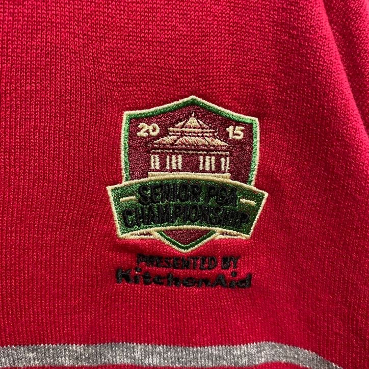 adidas アディダスゴルフ　長袖Vネックニット　セーター　ワンポイントロゴ刺繍　ライン　赤　レッド　XLサイズ　古着