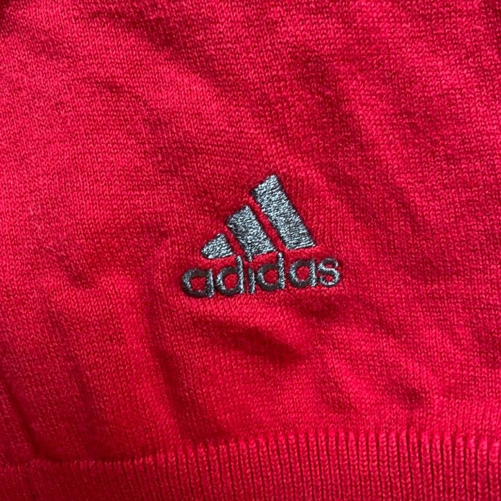 adidas アディダスゴルフ　長袖Vネックニット　セーター　ワンポイントロゴ刺繍　ライン　赤　レッド　XLサイズ　古着