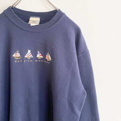 古着 used 90s Lee リー　長袖刺繍スウェット　トレーナー　ネイビー　紺　レトロデザイン　Mサイズ