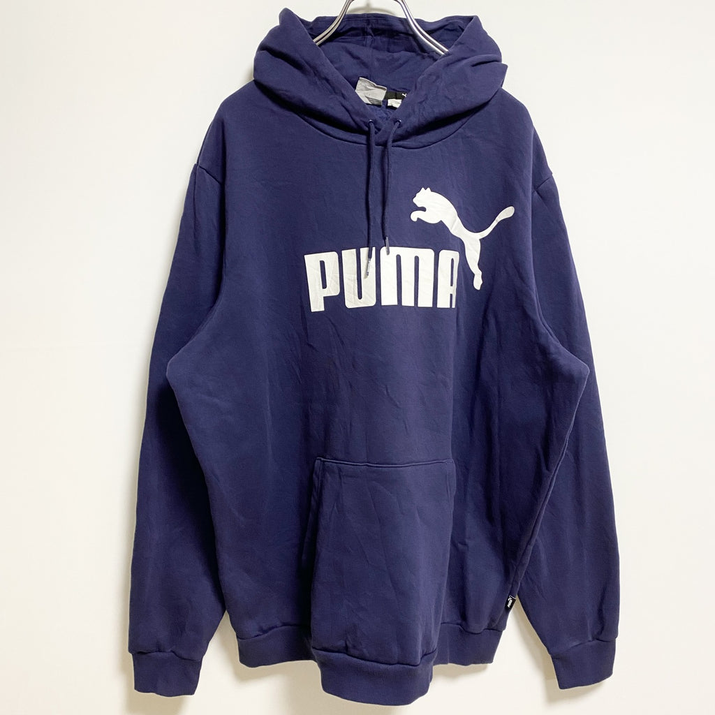 PUMA　プーマ　長袖フロントロゴプリントパーカー　プルオーバー　ネイビー　紺　秋冬服　ビッグシルエット　2XLサイズ　古着