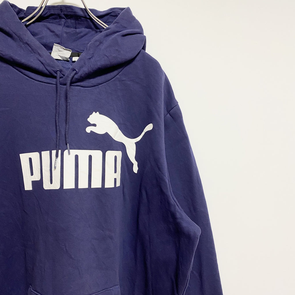 PUMA　プーマ　長袖フロントロゴプリントパーカー　プルオーバー　ネイビー　紺　秋冬服　ビッグシルエット　2XLサイズ　古着