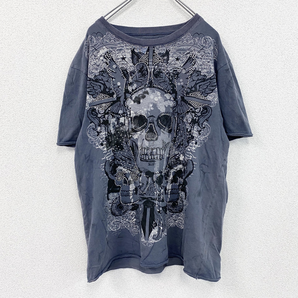 DENIM73　半袖プリントTシャツ　灰色　グレー　XLサイズ　古着