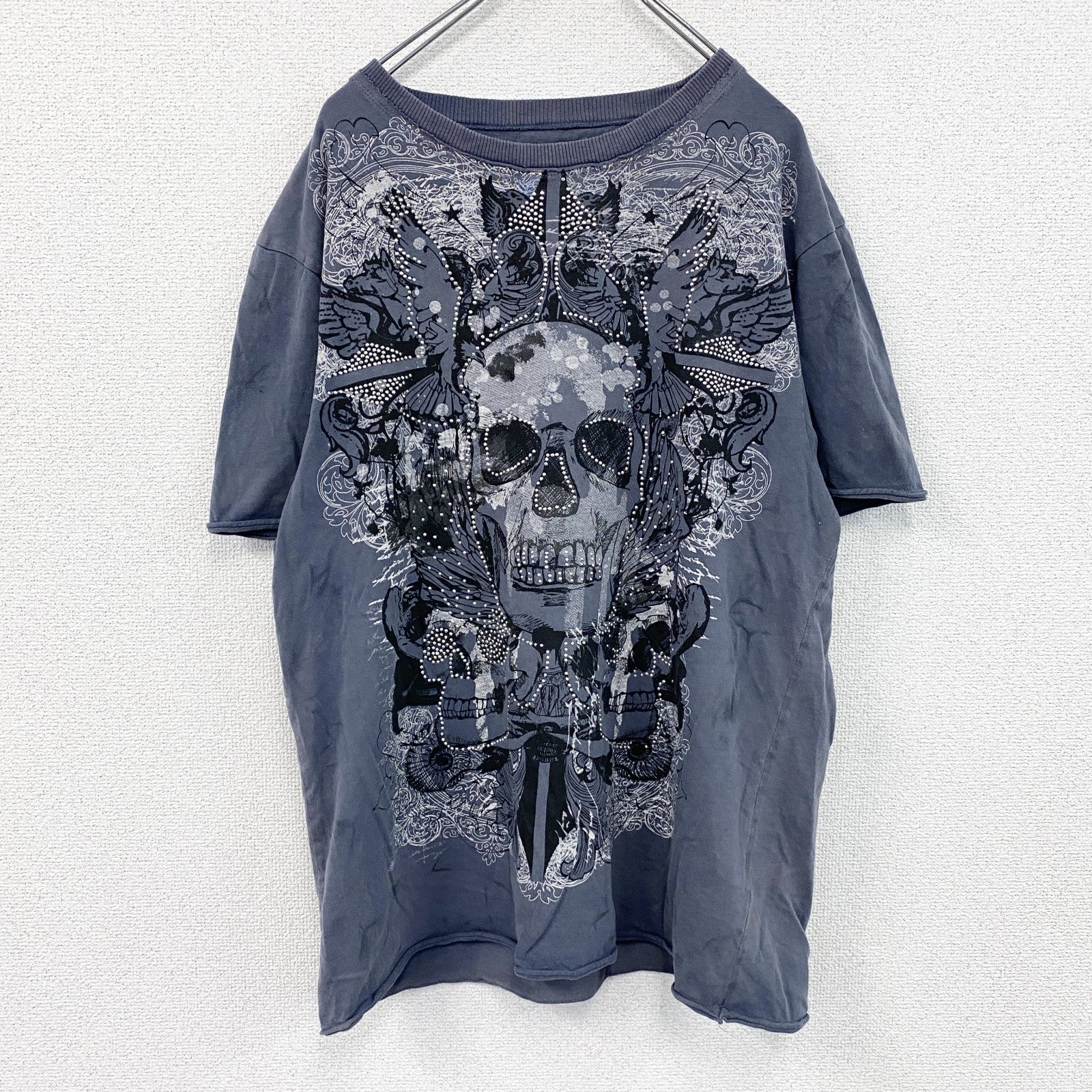 DENIM73　半袖プリントTシャツ　灰色　グレー　XLサイズ　古着