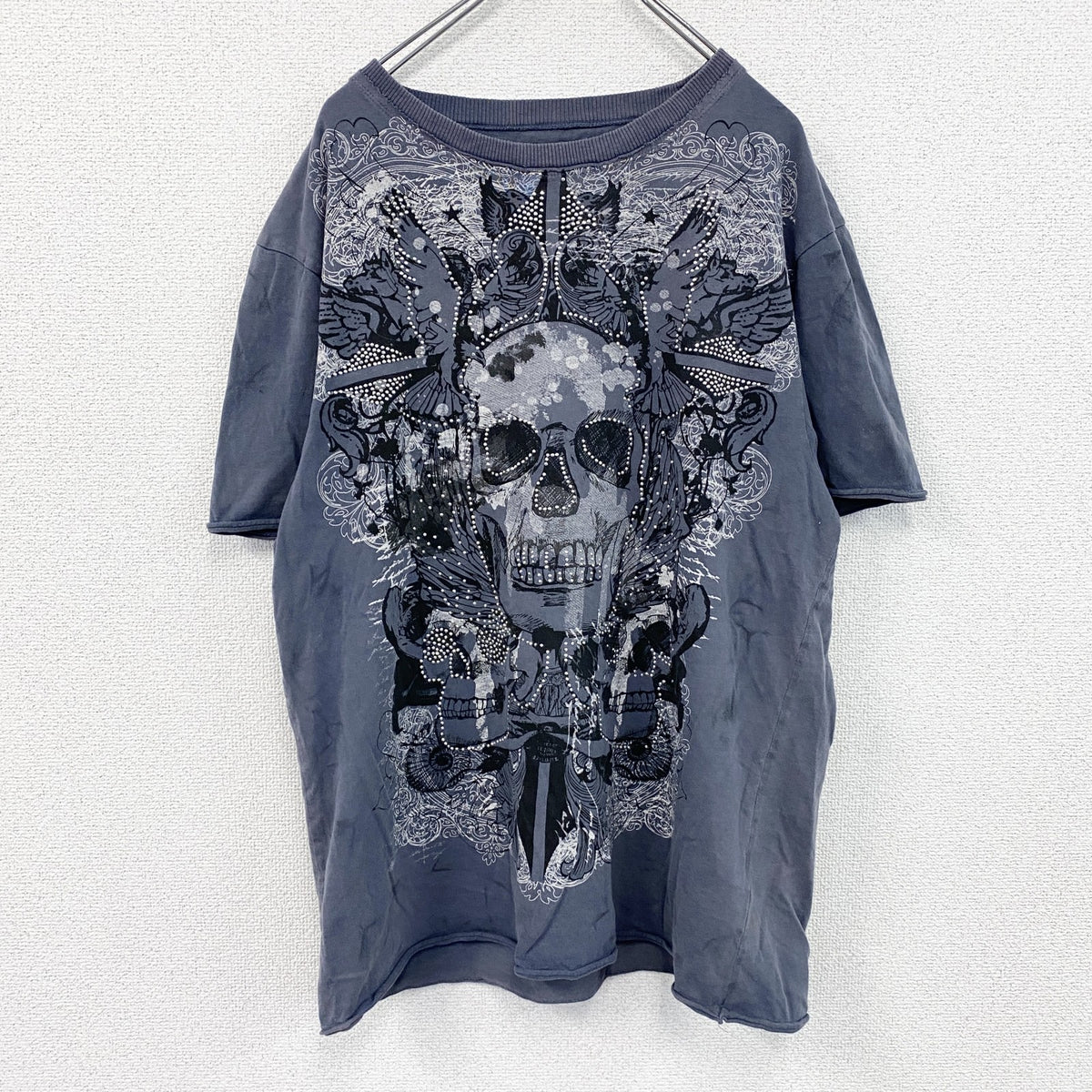 DENIM73　半袖プリントTシャツ　灰色　グレー　XLサイズ カットソー メンズ コットン 古着