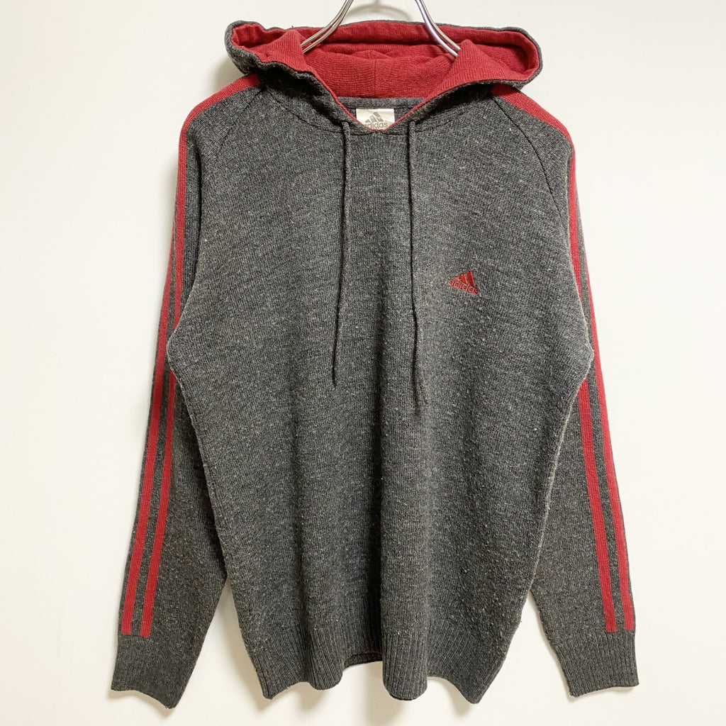 adidas　アディダス　長袖ニットパーカー　セーター　ワンポイントロゴ刺繍　グレー　灰色　Mサイズ　古着