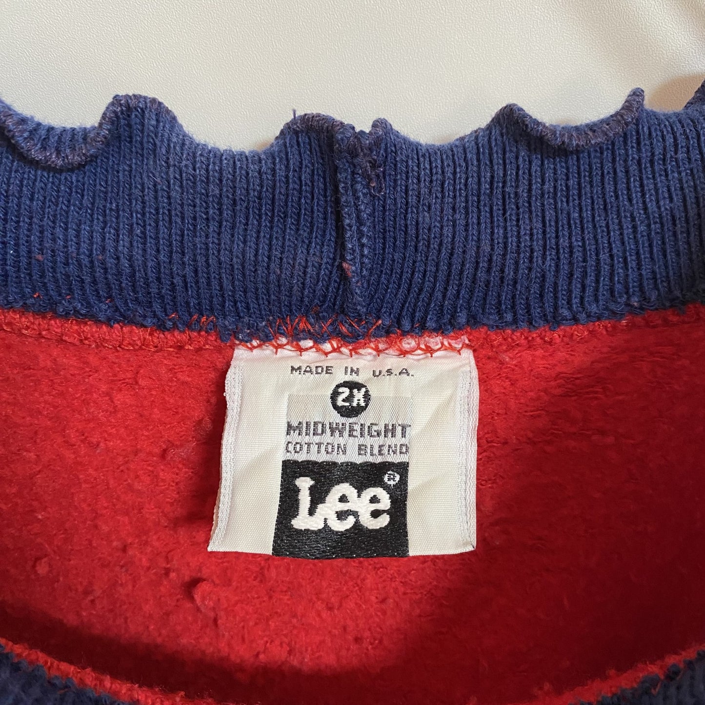 古着 used 90s USA製　Lee　長袖ダサかわ刺繍スウェット　トレーナー　パッチワーク　赤　レトロデザイン