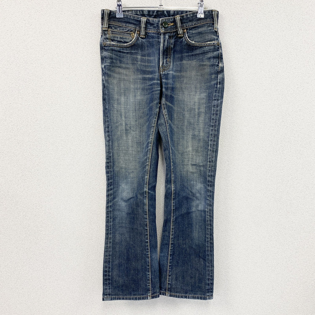 BIG JOHN Rule of Blue　ビッグジョン　フレアブーツカットデニムパンツ/ジーンズ　ジップフライ　カンガルー革　縦落ち　鬼ヒゲ　フェード　インディゴ　29サイズ　古着