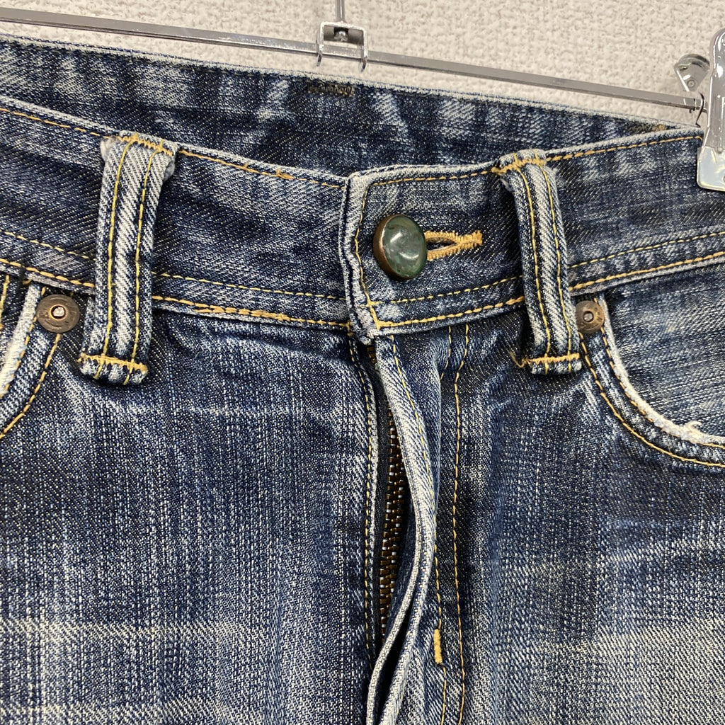 BIG JOHN Rule of Blue　ビッグジョン　フレアブーツカットデニムパンツ/ジーンズ　ジップフライ　カンガルー革　縦落ち　鬼ヒゲ　フェード　インディゴ　29サイズ　古着