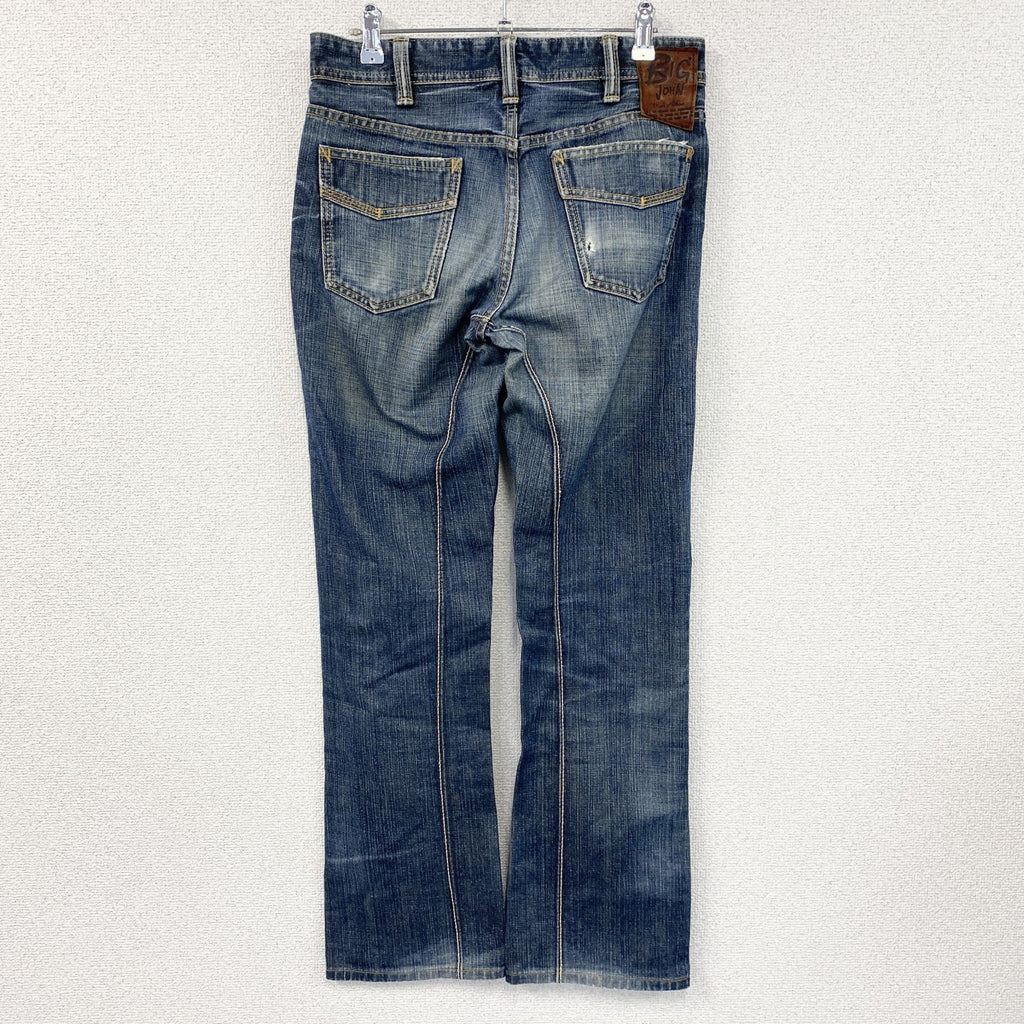 BIG JOHN Rule of Blue　ビッグジョン　フレアブーツカットデニムパンツ/ジーンズ　ジップフライ　カンガルー革　縦落ち　鬼ヒゲ　フェード　インディゴ　29サイズ　古着
