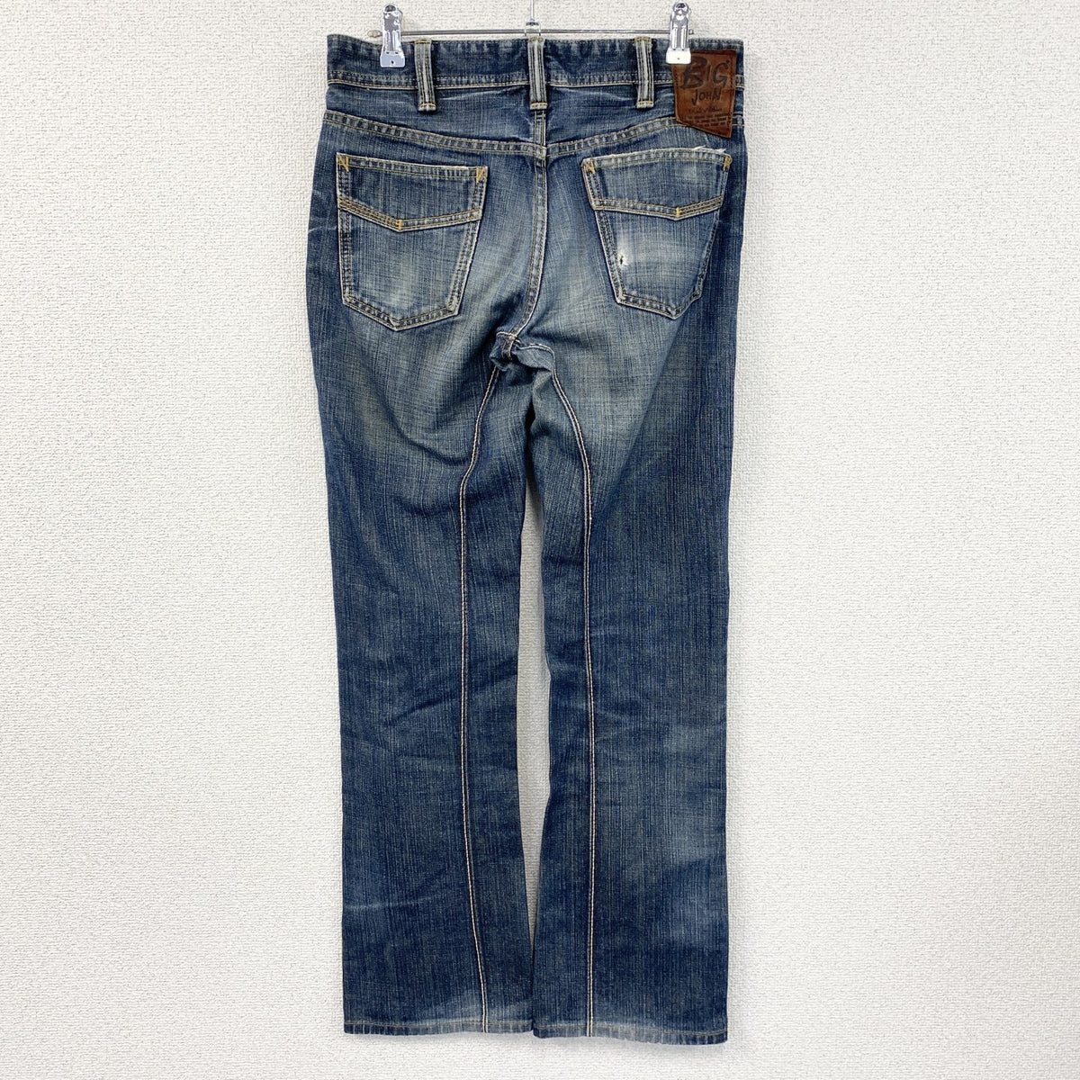 BIG JOHN Rule of Blue　ビッグジョン　フレアブーツカットデニムパンツ/ジーンズ　ジップフライ　カンガルー革　縦落ち　鬼ヒゲ　フェード　インディゴ　29サイズ　古着