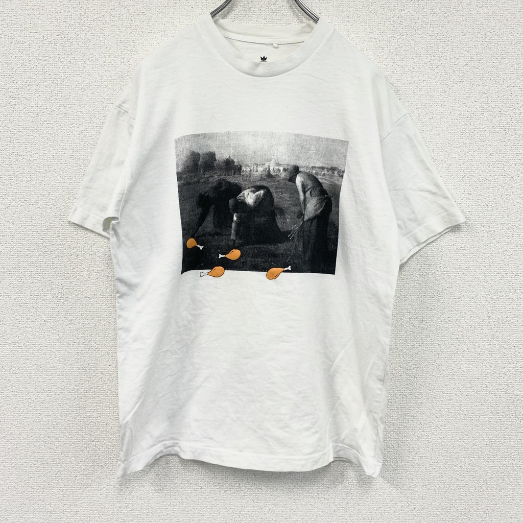 ILC　I LIKE CHICKEN　ミレーの落穂拾い　半袖Tシャツ　パロディT　アートT　白　ホワイト　Mサイズ　古着