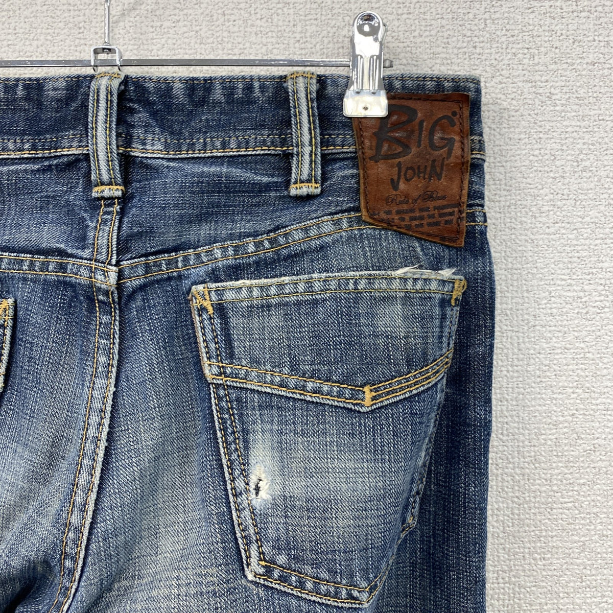 BIG JOHN Rule of Blue　ビッグジョン　フレアブーツカットデニムパンツ/ジーンズ　ジップフライ　カンガルー革　縦落ち　鬼ヒゲ　フェード　インディゴ　29サイズ　古着