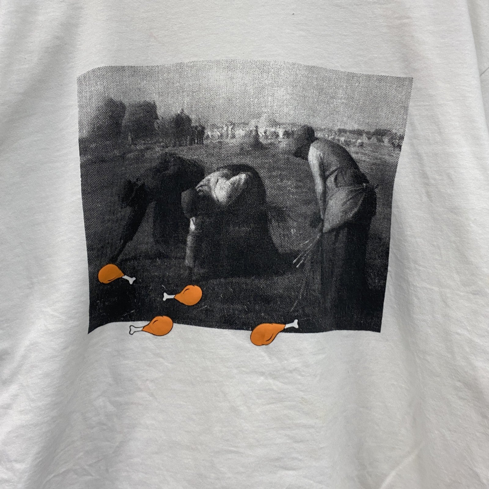 ILC　I LIKE CHICKEN　ミレーの落穂拾い　半袖Tシャツ　パロディT　アートT　白　ホワイト　Mサイズ　古着
