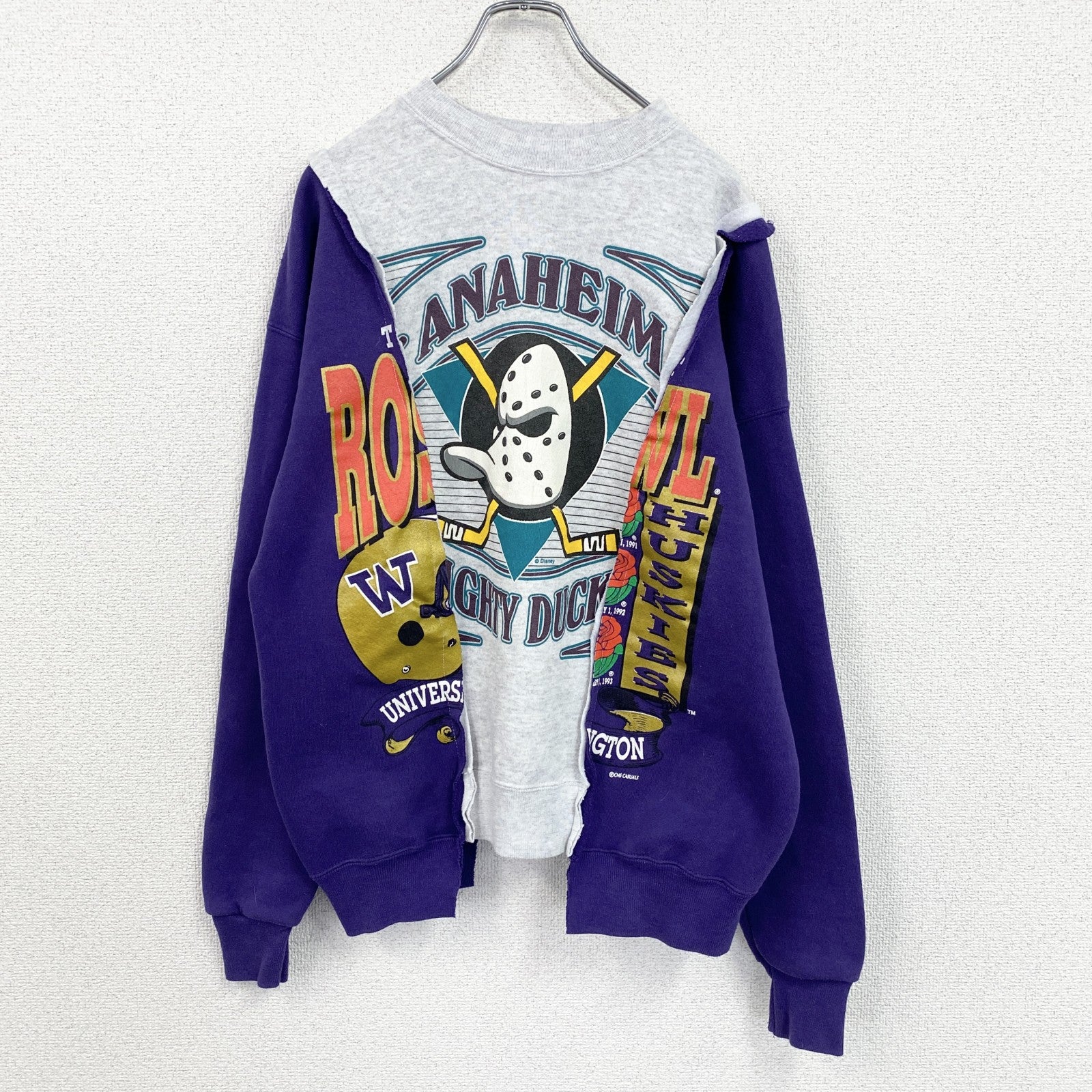 90s　Hanes　ヘインズ　NHL　ANAHIEIM　スウェット/トレーナー　リメイク　霜降りグレー　パープル　Mサイズ　　ヴィンテージ　古着