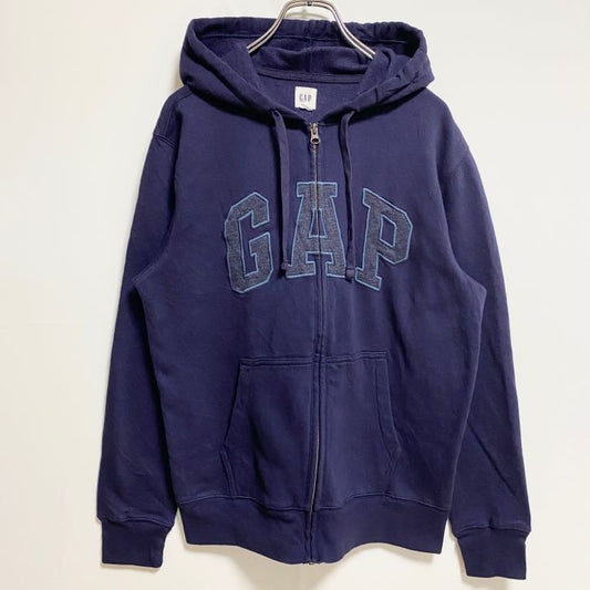 古着 used　GAP　ギャップ　長袖ジップアップワッペン刺繍パーカー　スウェット　プルオーバー　ネイビー　秋冬服　Mサイズ