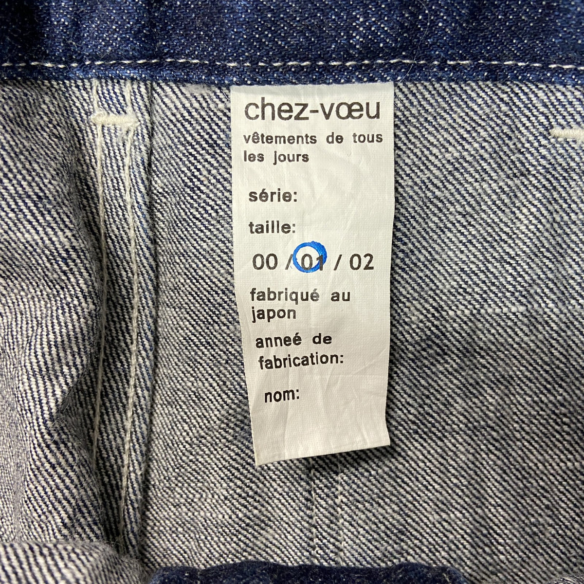 chez-voeu　シェヴ―　デニムベイカーパンツ/ジーンズ　ジップフライ　4つポケット　インディゴ メンズ コットン 古着
