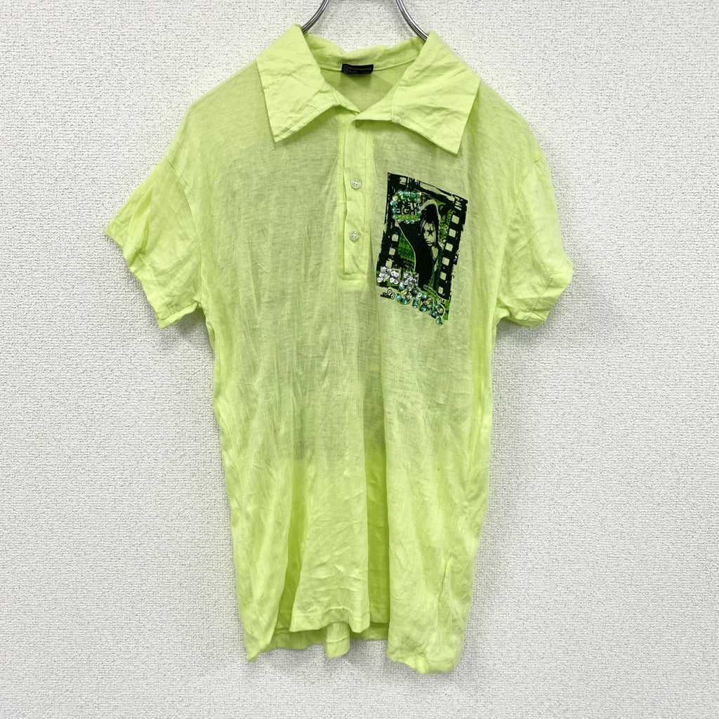 The collection Junk 98　半袖プリントシャツ　半袖ポロシャツ　バンド　y2k　黄緑　イエロー　グリーン　Lサイズ　古着