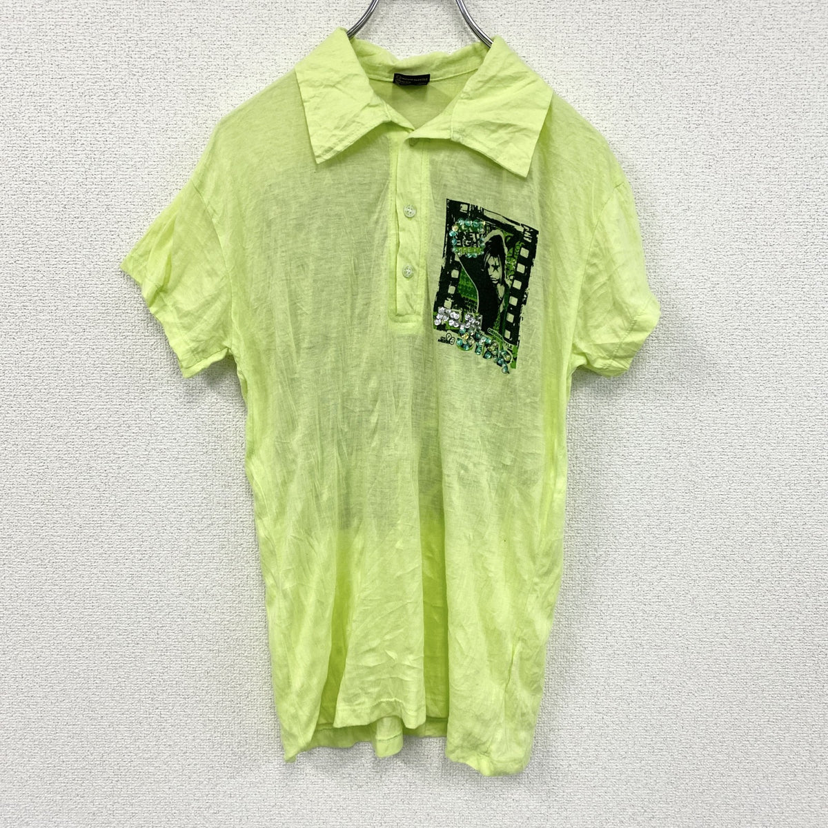 The collection Junk 98　半袖プリントシャツ　半袖ポロシャツ　バンド　y2k　黄緑　イエロー　グリーン　Lサイズ　古着