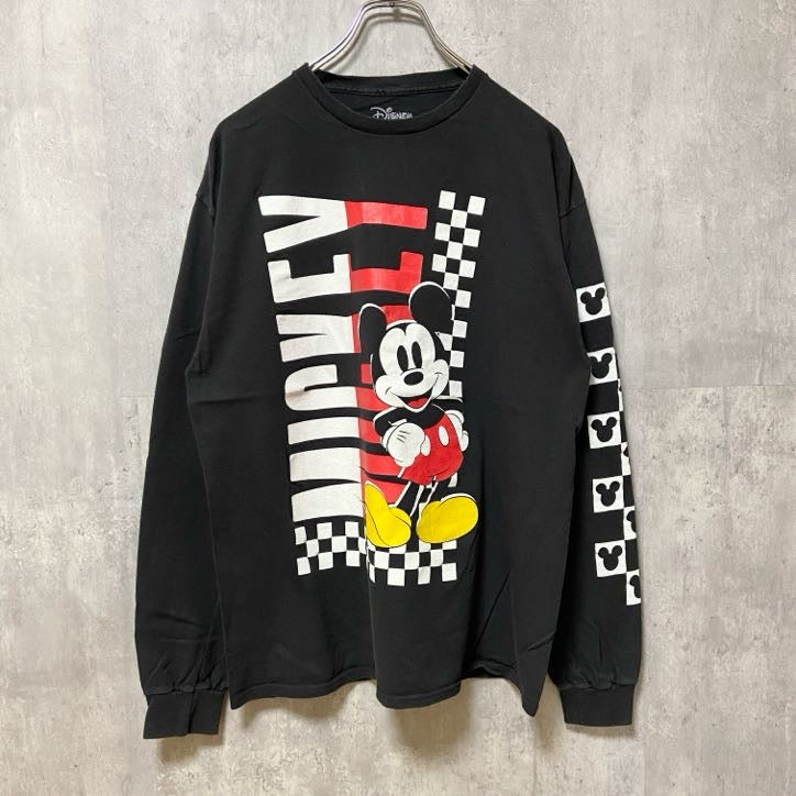 古着 used　Disney　ディズニー　長袖プリントTシャツ　黒　ブラック　ミッキーマウス　クルーネック　Lサイズ　