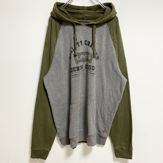 古着 used　LEVIS　リーバイス　長袖プリントパーカー　スウェットフーディー　ラグラン袖　バイカラー　緑　グレー　XLサイズ