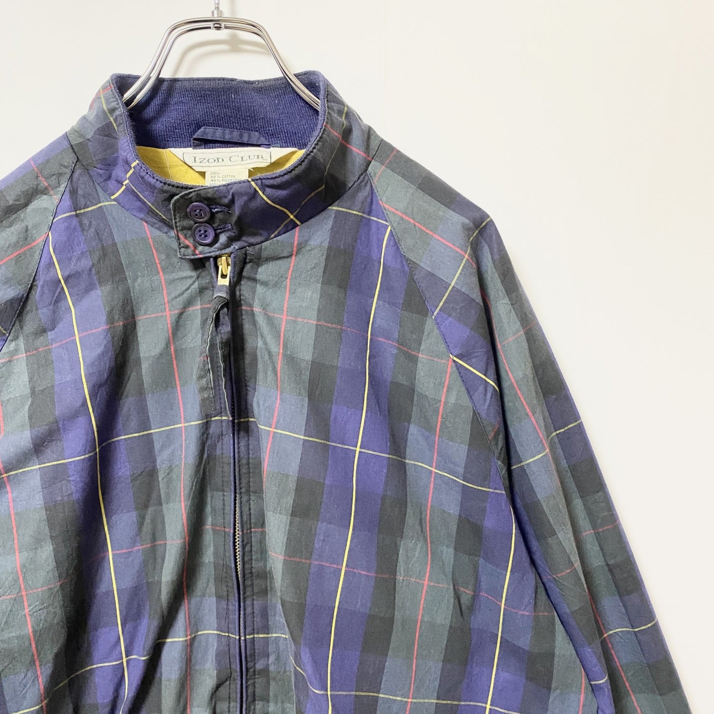 古着 used　90s　IZOD CLUB　長袖チェック柄ナイロンジャケット　総柄　ヴィンテージ　グリーン　ネイビー　Lサイズ