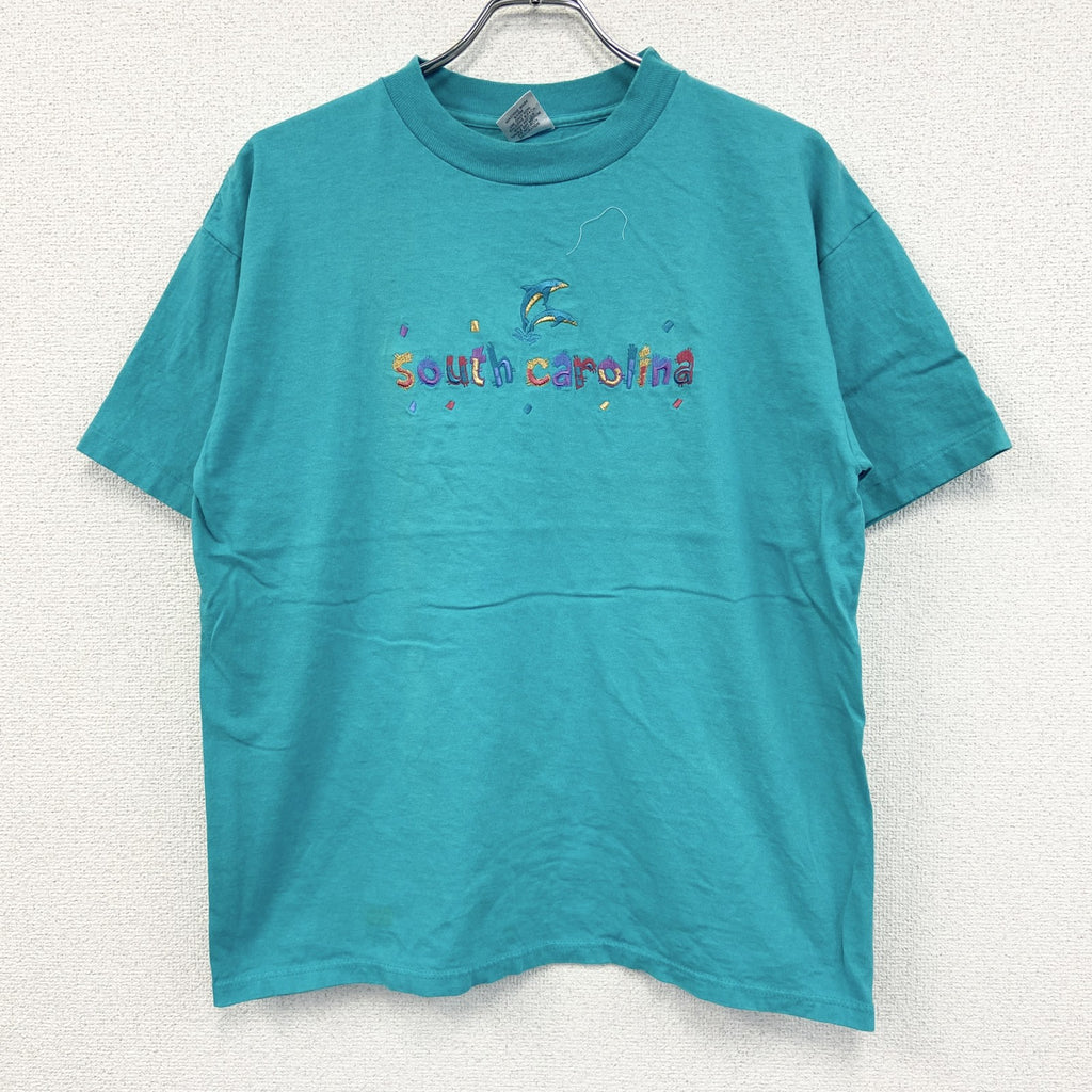 90s　Desert Heat　半袖プリントアニマルTシャツ　刺繍ロゴ　シングルステッチ　ヴィンテージ　水色　ブルー　Lサイズ　古着