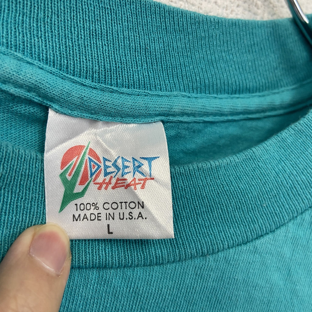 90s　Desert Heat　半袖プリントアニマルTシャツ　刺繍ロゴ　シングルステッチ　ヴィンテージ　水色　ブルー　Lサイズ　古着