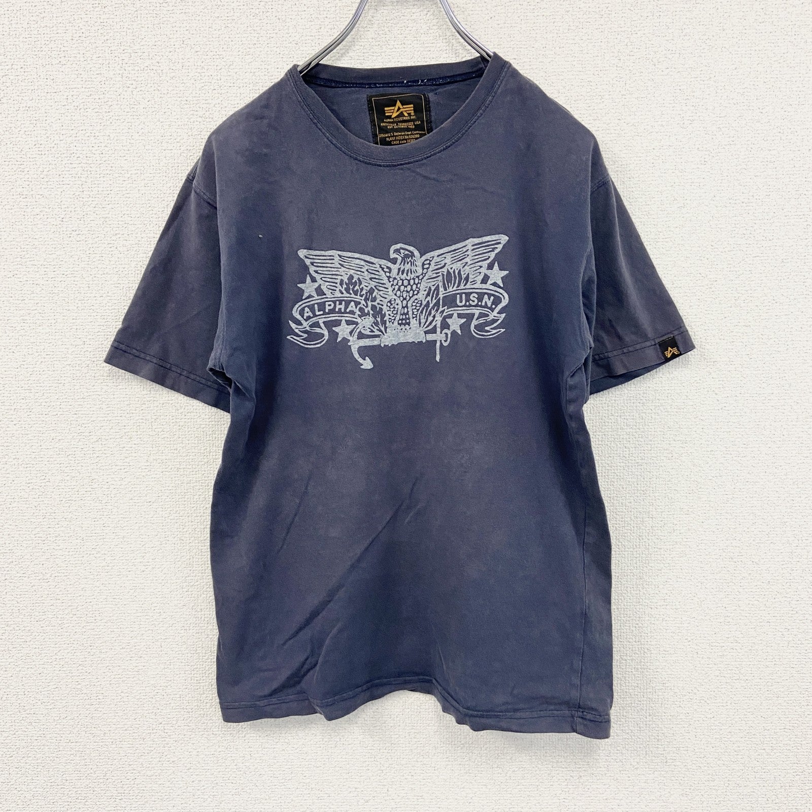 ALPHA INDUSTRIES　アルファ　半袖プリントTシャツ　紺　ネイビー　Sサイズ　古着