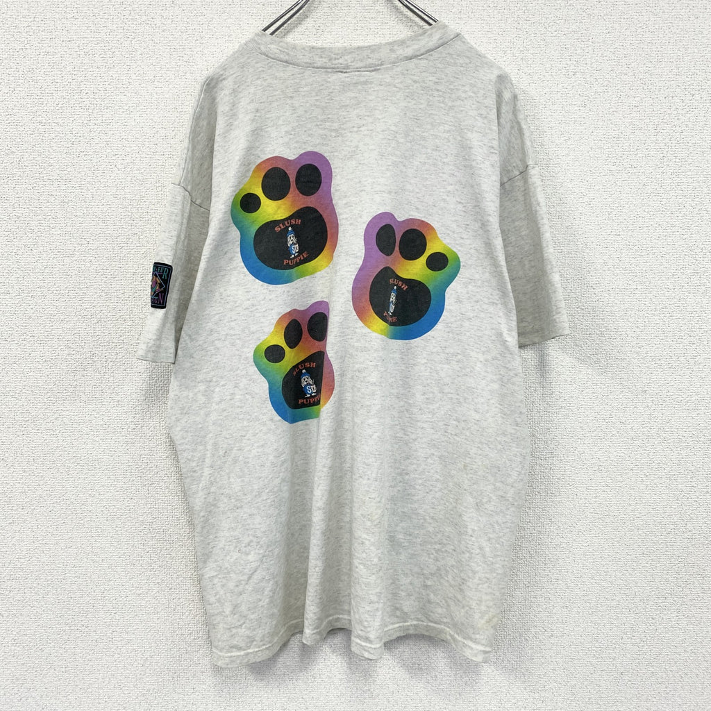90s　HUMEUR DESIGN　半袖プリントTシャツ　スラッシュパピー　シングルステッチ　クルーネック　霜降りグレー　XLサイズ　　ヴィンテージ　古着