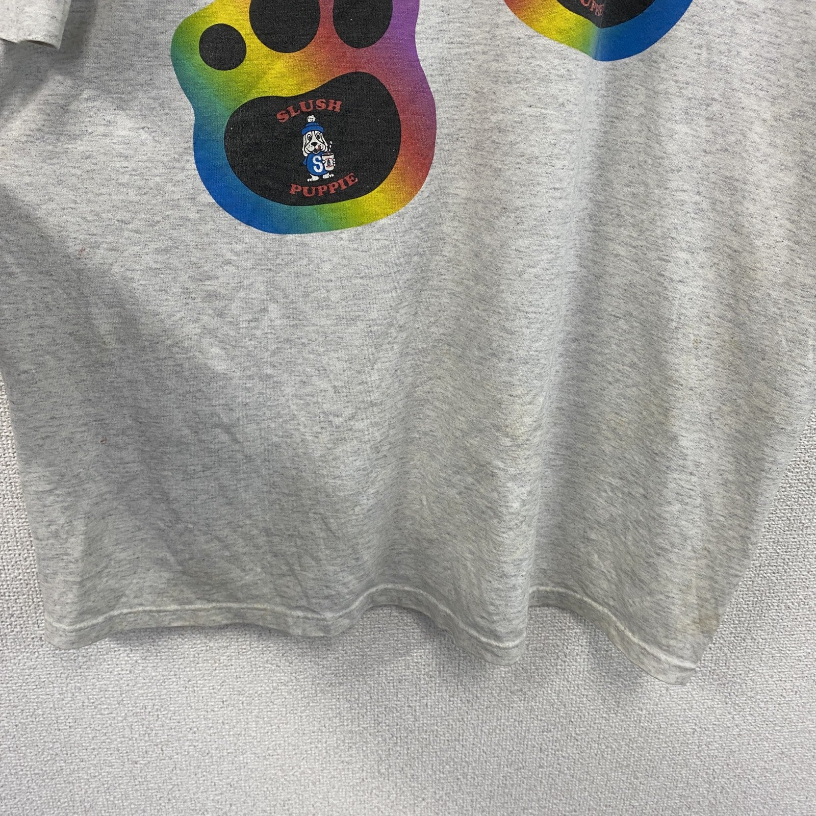 90s　HUMEUR DESIGN　半袖プリントTシャツ　スラッシュパピー　シングルステッチ　クルーネック　霜降りグレー　XLサイズ　　ヴィンテージ　古着