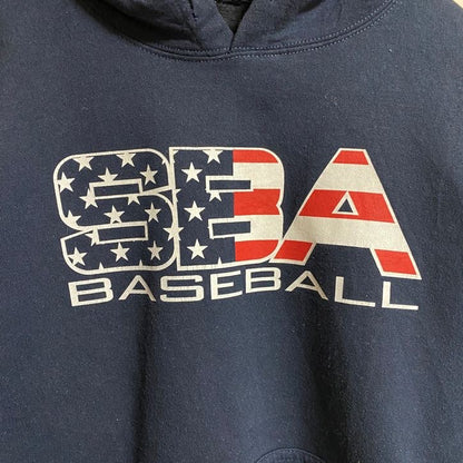 古着 used　SBA BASEBALL　長袖プリントパーカー　フード付きスウェット　バックプリント　ネイビー　Mサイズ