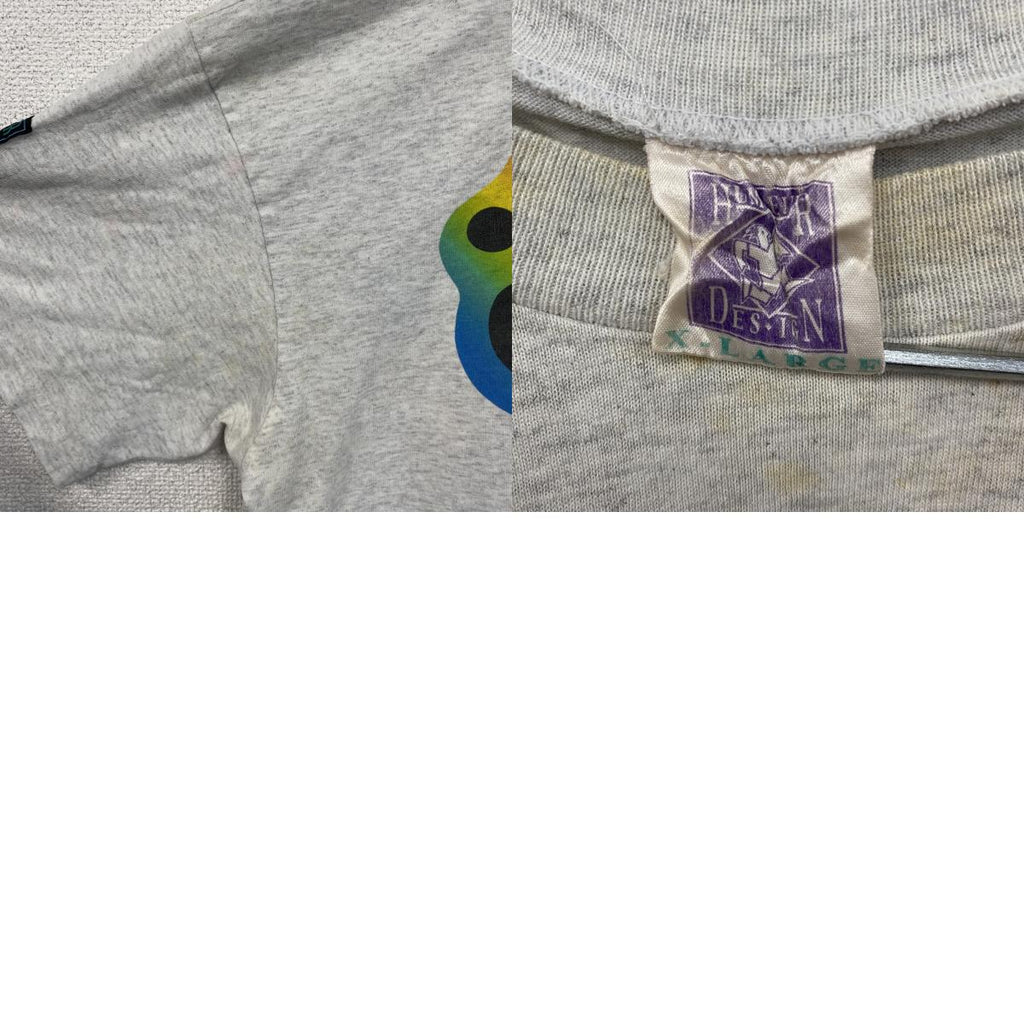 90s　HUMEUR DESIGN　半袖プリントTシャツ　スラッシュパピー　シングルステッチ　クルーネック　霜降りグレー　XLサイズ　　ヴィンテージ　古着