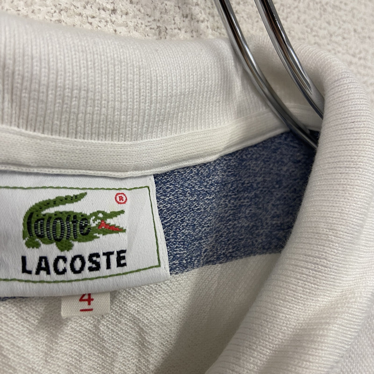 LACOSTE　ラコステ　半袖ポロシャツ　サンプル品　ボーダー柄　バイカラー　白　ホワイト　紺　ネイビー　4サイズ　古着