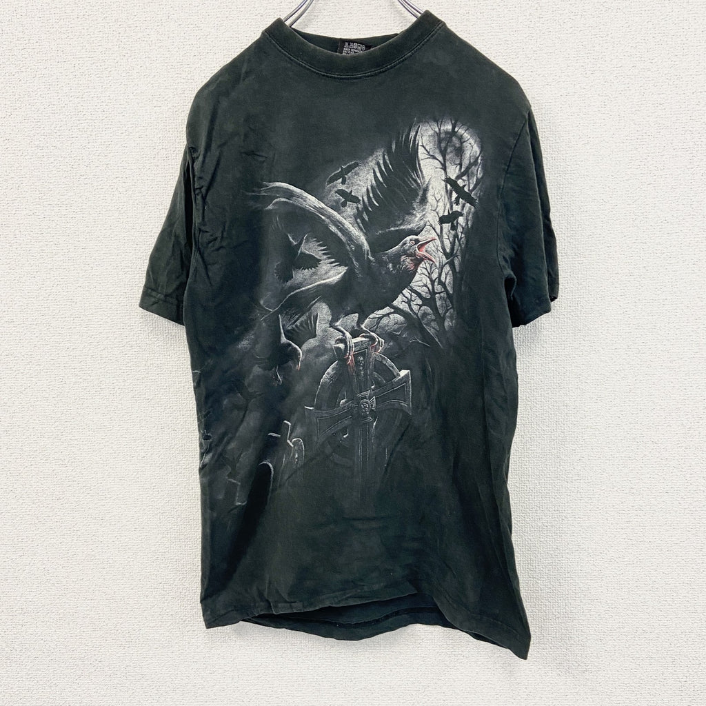 Spiral　半袖プリントTシャツ　鳥　十字架　黒　ブラック　Mサイズ　古着