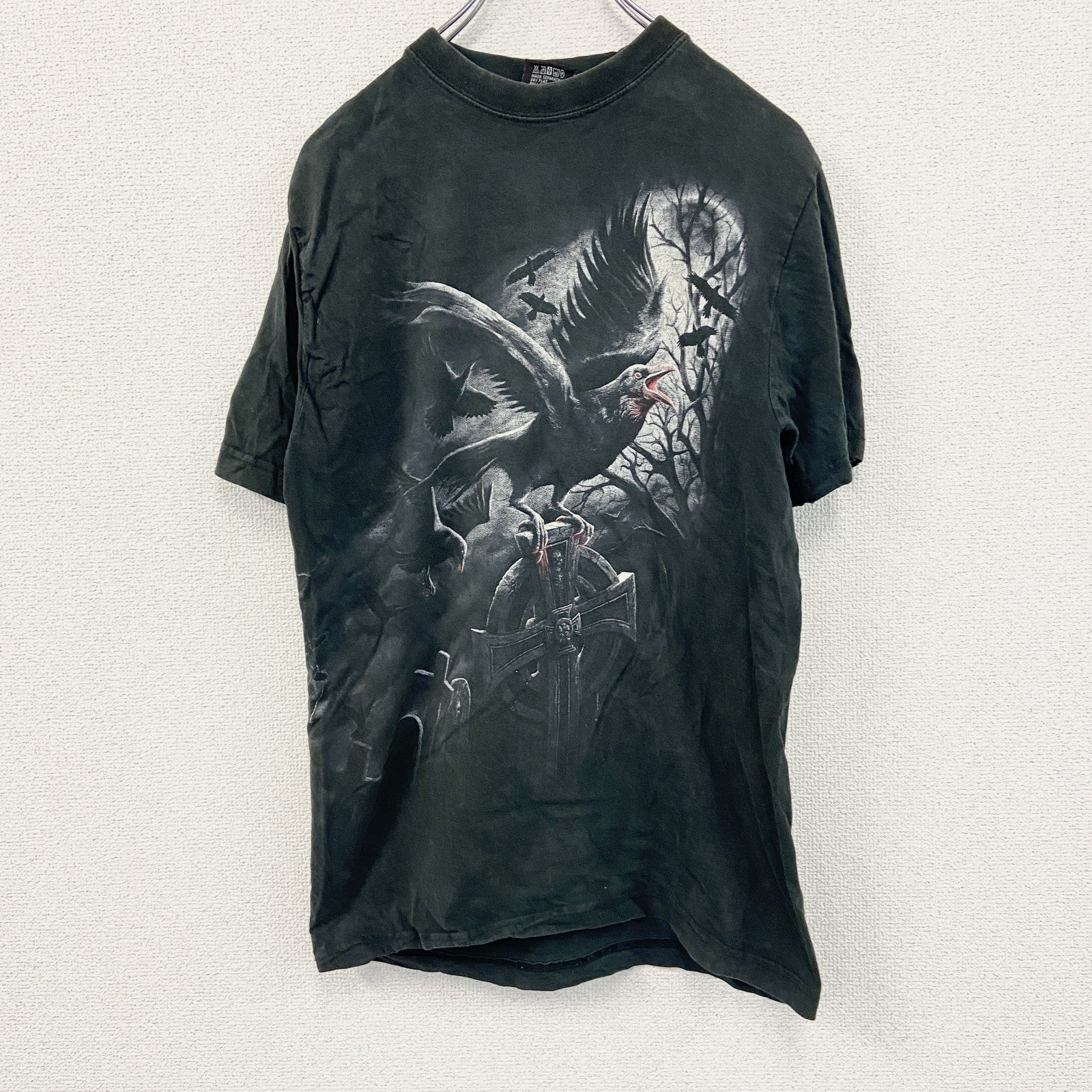 Spiral　半袖プリントTシャツ　鳥　十字架　黒　ブラック　Mサイズ　古着
