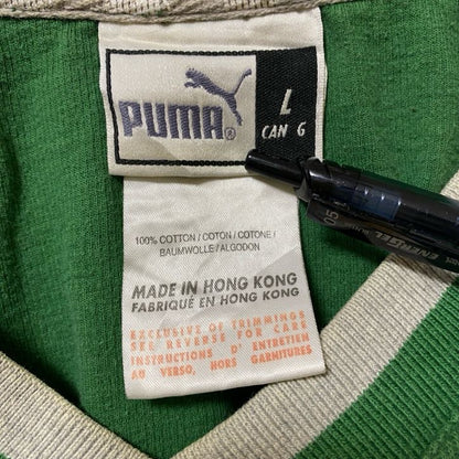 古着 used　puma プーマ　長袖Vネックスウェット　コットントレーナー　ワンポイントロゴ刺繍　緑　Lサイズ