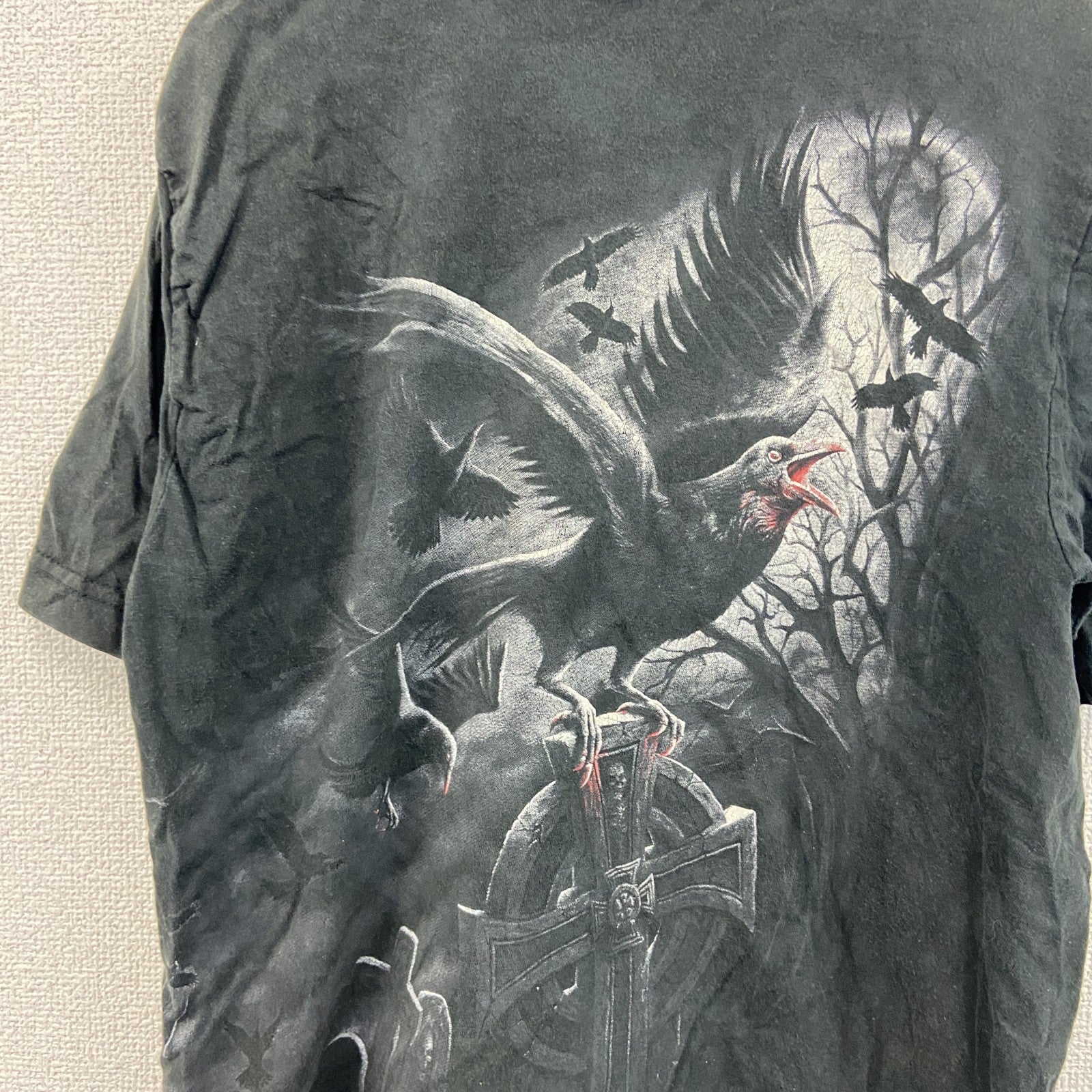 Spiral　半袖プリントTシャツ　鳥　十字架　黒　ブラック　Mサイズ　古着
