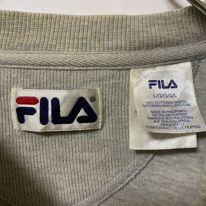 古着 used　FILA フィラ　長袖ヘンリーネック　コットンスウェット　トレーナー　ワンポイントロゴ刺繍　グレー　Lサイズ