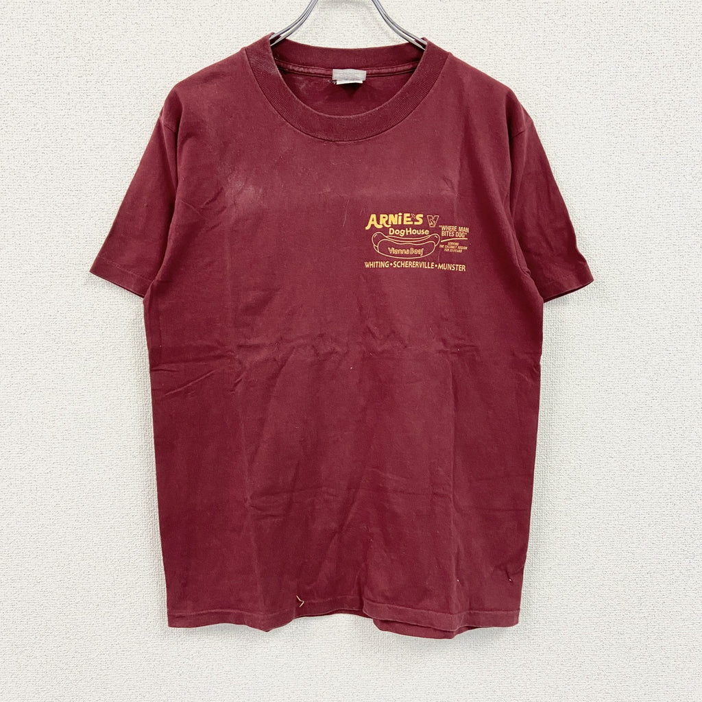 90s　United Sports　半袖プリント企業Tシャツ　ホットドック　シングルステッチ　ヴィンテージ　赤　レッド　ボルドー　Mサイズ　古着