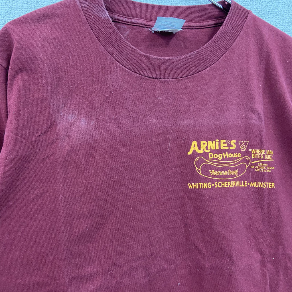 90s　United Sports　半袖プリント企業Tシャツ　ホットドック　シングルステッチ　ヴィンテージ　赤　レッド　ボルドー　Mサイズ　古着