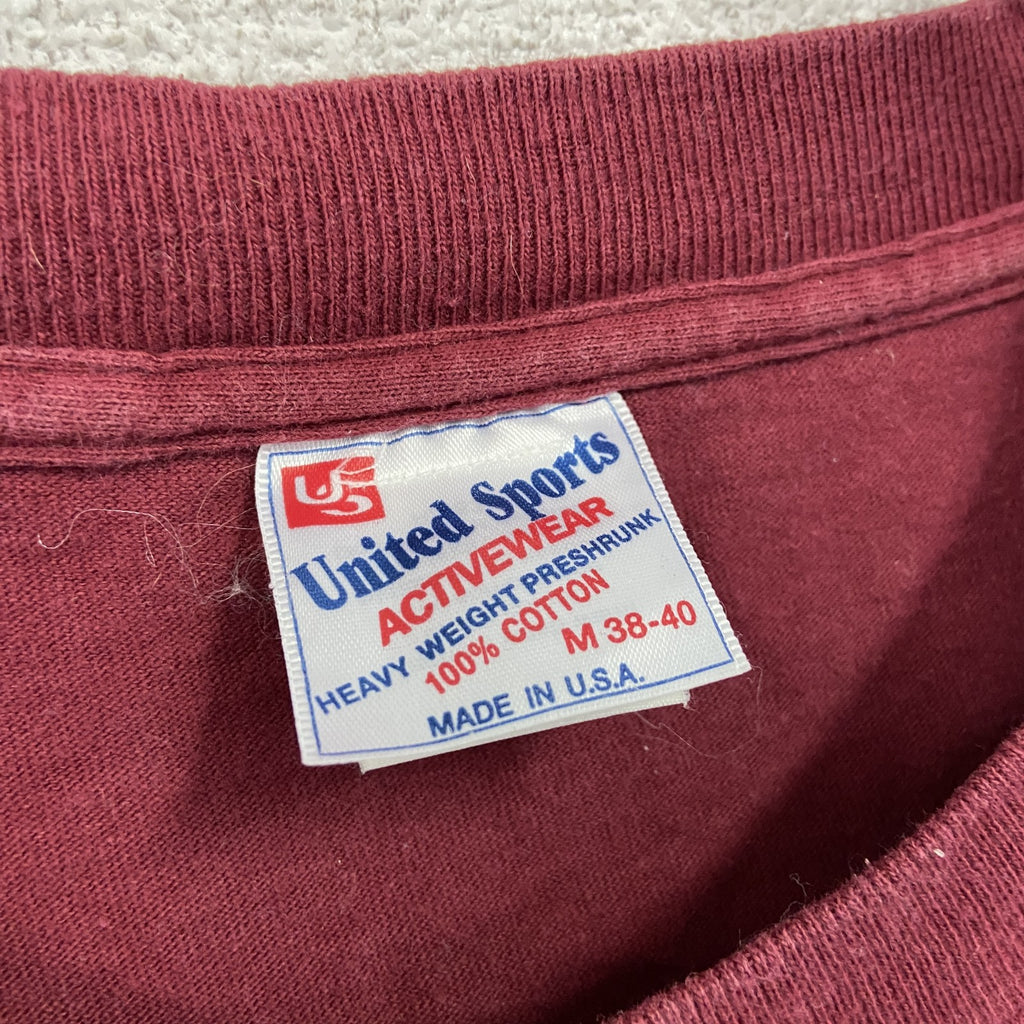 90s　United Sports　半袖プリント企業Tシャツ　ホットドック　シングルステッチ　ヴィンテージ　赤　レッド　ボルドー　Mサイズ　古着