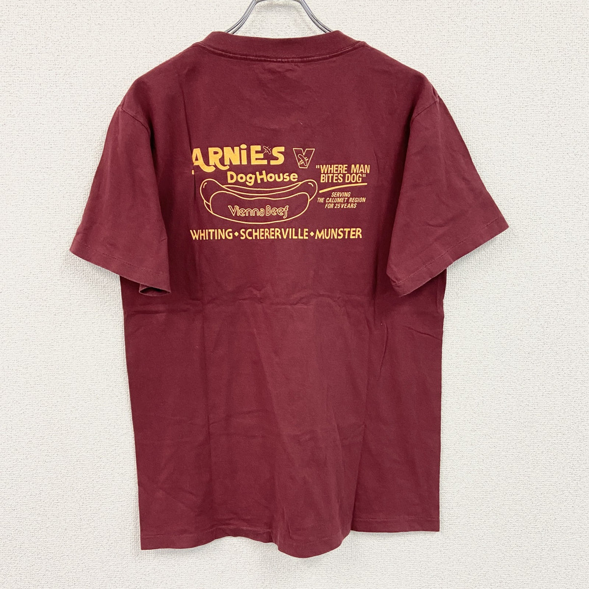 90s　United Sports　半袖プリント企業Tシャツ　ホットドック　シングルステッチ　ヴィンテージ　赤　レッド　ボルドー　Mサイズ　古着