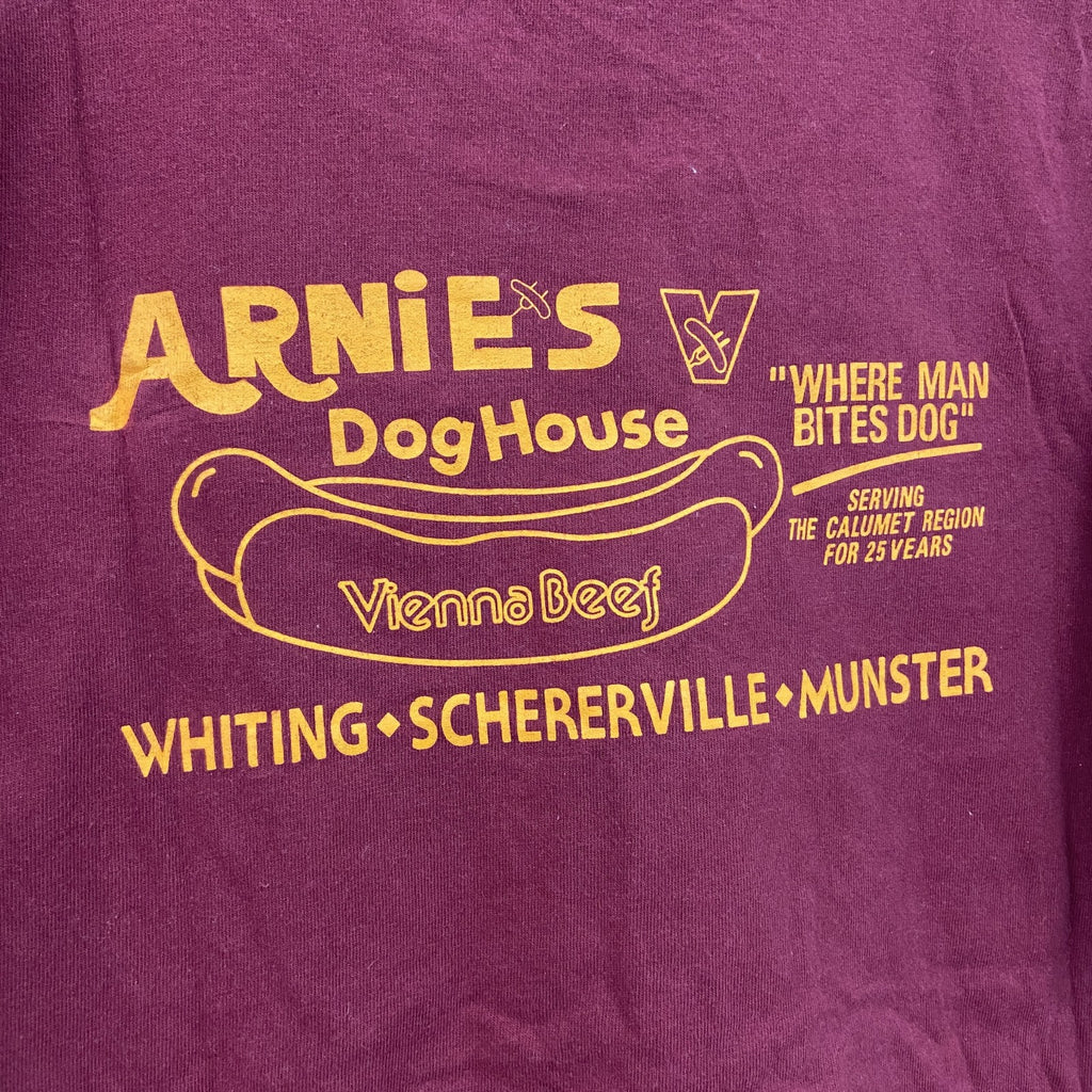90s　United Sports　半袖プリント企業Tシャツ　ホットドック　シングルステッチ　ヴィンテージ　赤　レッド　ボルドー　Mサイズ　古着